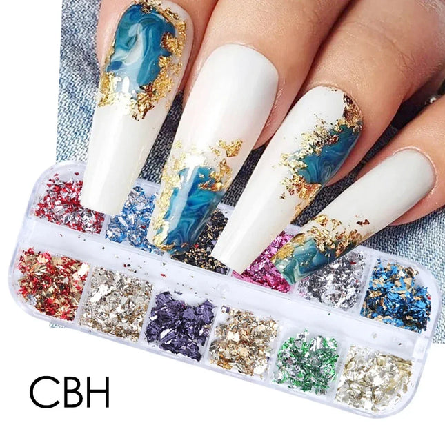12 Color Gold Foils Gorgeous Nails Glitter Random Aluminum Flakes Paillette Chip Nail Design Shinny Sparkles Nail Art Decoration 2028
