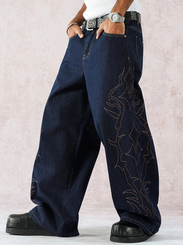 Men's Dark Blue Wide-Leg Jeans, Retro Hip-Hop Style Flame Embroidery Dad Pants, Street Trend Loose Trousers