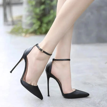 Tikicup Black Patent Pointed-Toe Stiletto Pumps Ankle Strap Elegant High Heel Dress Shoes for Women Evening Events, Office