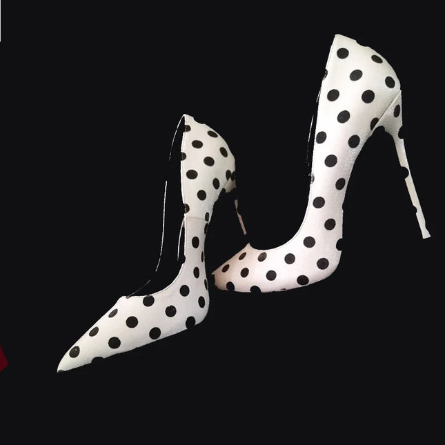 New round polka dot silk high heels with pointed toe, shallow mouth, thin heel 12cm Sexy French Girl Single Shoes PlatiNum