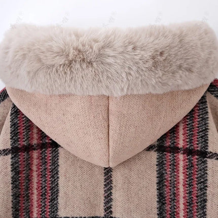 Faux Rabbit Fur Capes Coats Women Plaid Poncho Jackets Tassel Hooded Batwing Sleeves Open Stitch Loose Casual 2025 Autumn Winter