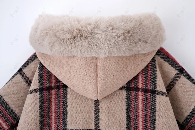 Faux Rabbit Fur Capes Coats Women Plaid Poncho Jackets Tassel Hooded Batwing Sleeves Open Stitch Loose Casual 2025 Autumn Winter