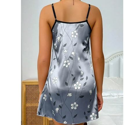 Women's Nightwear Summer Floral Print Satin Nightgown Casual Sleeveless Backless Nightdress Sexy Nightwear Home Clothes