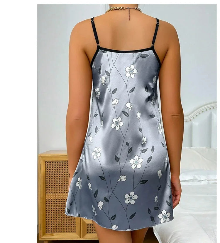 Indumenti da notte da donna Camicia da notte estiva in raso con stampa floreale Camicia da notte casual senza maniche senza schienale Camicia da notte sexy Abiti per la casa