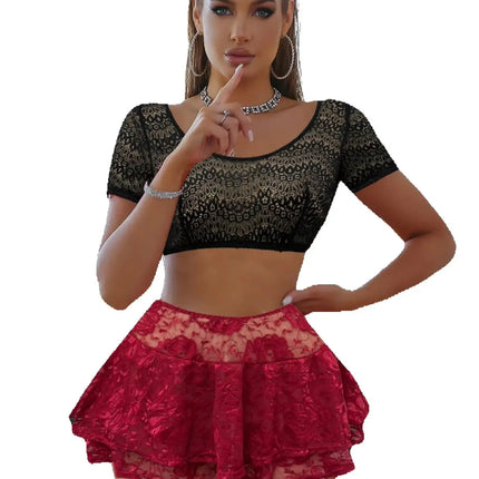 Short Sleeve Sheer Lace Crop Top & Rose Floral Tiered Mini Skirt Two Piece Lingerie Set