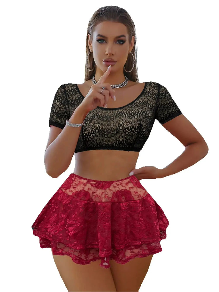 Short Sleeve Sheer Lace Crop Top & Rose Floral Tiered Mini Skirt Two Piece Lingerie Set