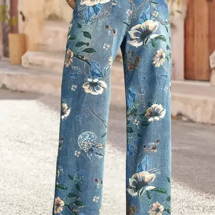 Jeans da donna con stampa Pantaloni a gamba larga Tasche a vita alta a tutta lunghezza Pantaloni dritti lavati in denim effetto consumato Casual invecchiato