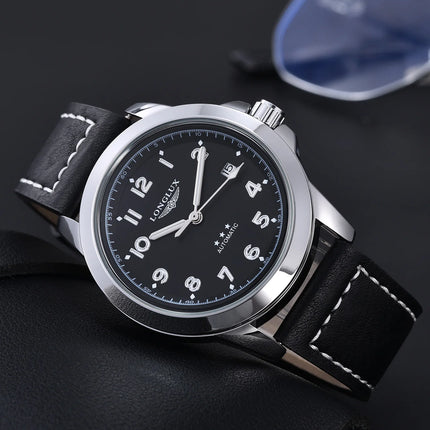 LONGLUX Men Automatic Watch Vintage Pilot Business Classic Military Mechanical Watches Date Waterproof Luminous Leather Gift