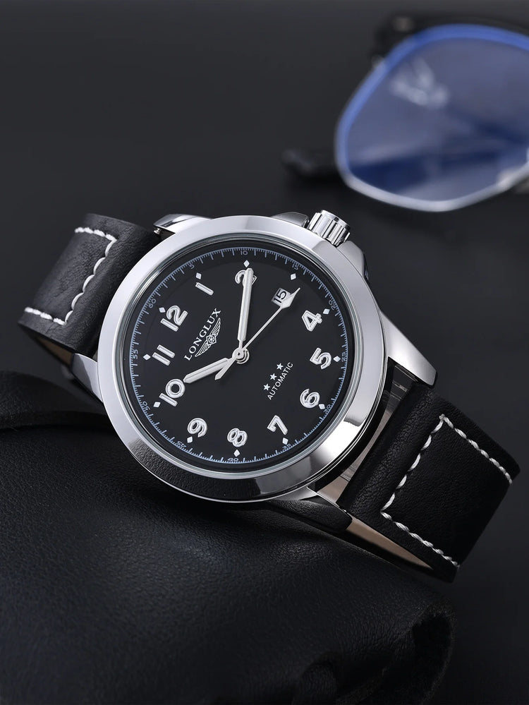 LONGLUX Men Automatic Watch Vintage Pilot Business Classic Military Mechanical Watches Date Waterproof Luminous Leather Gift