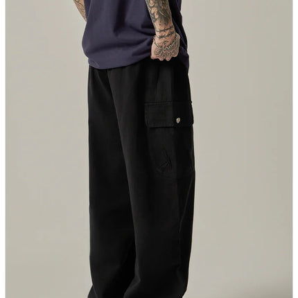 Men's Sweatpants 2025 Spring Autumn Vintage Japanese Wide Leg Straight Loose Button Big Pockets Cargo Pants Drawstring Trousers