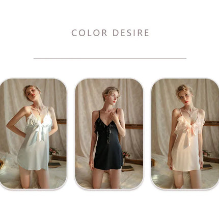 Camisón de satén de nueva moda Camisón sedoso de mujer Vestido de combinación Detalle romántico con volantes Ropa de dormir Lencería con tirantes finos Venta caliente