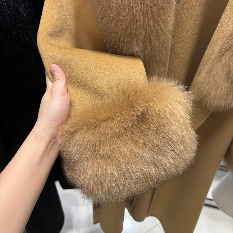YOLOAgain Women's 100% Wool Coat Long With Detachable Real Fox Fur Collar 2025 Autumn Elegant Double-Sided Wool Coat