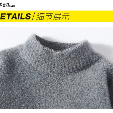 Thickened Winter Semi High Neck Knitted Sweater with Anti Pilling Splicing Men's Casual Long Sleeved Bottom Printed Pullover