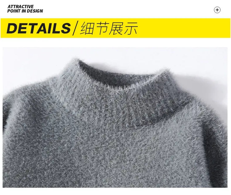 Thickened Winter Semi High Neck Knitted Sweater with Anti Pilling Splicing Men's Casual Long Sleeved Bottom Printed Pullover