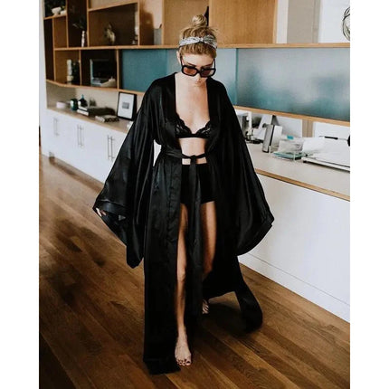 2019 nuovi abiti solidi donna nero rosso manica lunga camicia da notte signore ragazze raso di seta liscio primavera pizzo indumenti da notte accappatoio femminile