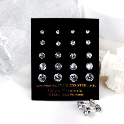 LUXUSTEEL 10 paia/set 3-10mm Orecchini in cristallo bianco trasparente per donna uomo Acciaio inossidabile Zircone CZ Piercing all'orecchio all'ingrosso platinumshop