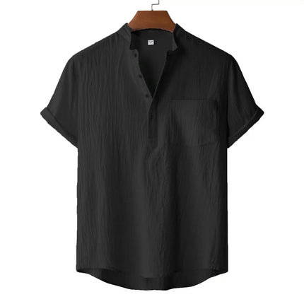 Men's Summer Cotton Linen T-Shirt, Beach Style, Short Sleeve, Henley Neck, for Vacations, Casual, Lightweight, Breathable and Comfortable