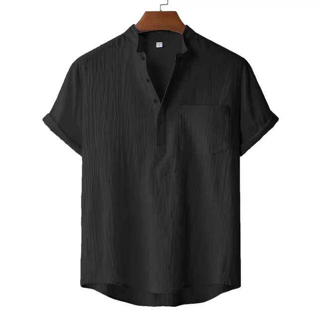 Men's Summer Cotton Linen T-Shirt, Beach Style, Short Sleeve, Henley Neck, for Vacations, Casual, Lightweight, Breathable and Comfortable