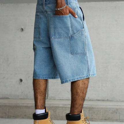 Pantaloncini in Denim Utility a Gamba Larga Blu Chiaro da Uomo per l'Estate