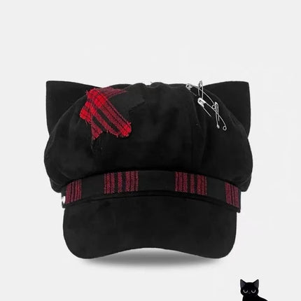 Alt Y2K Cat Ear Visor Hat Plaid Tape Decor Gothic Punk Black Cap Harajuku Street Cosplay Fashion Headwear