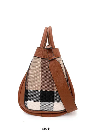 Borsa Tote in Tessuto a Righe con Bordi in Ecopelle, Manico Largo, Borsa a Spalla Grande per Uso Quotidiano e Pendolarismo