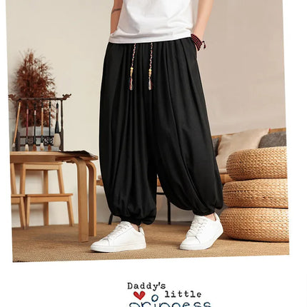 Pantaloni Larghi in Lino da Uomo, Tinta Unita, Casual e Comodi, Stile Harun, Moda Harajuku, Taglie Fino alla 8XL