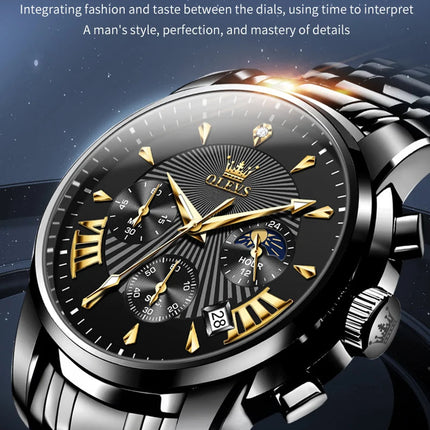 OLEVS Orologi al quarzo da uomo Orologi di marca in acciaio inossidabile Orologio sportivo impermeabile per uomo Cronografo con fasi lunari platinumshop