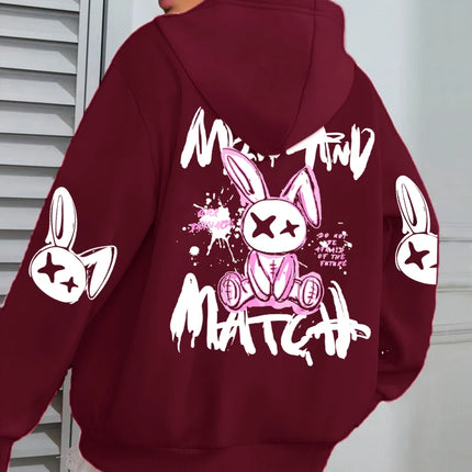 Mix And Match Cartoon Rabbit Prints Women Hoodie Pocket Streetwear Harajuku Loose Hoody All-Match Fleece Female Clothing
