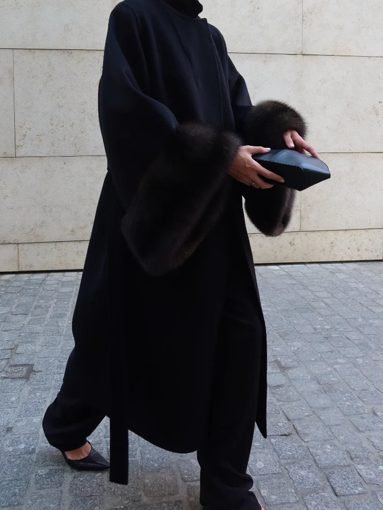 Lady Long Wool Blend Coat Stand Collar Faux Fur Cuffs Belted Waist Loose Oversized Maxi Wrap Outerwear Elegant Winter Overcoat