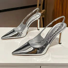 Shiny High Heels Slingback Silver Women Pumps Metallic Crystal Sandals Pointy Toe Stiletto Heeled Shoes Party Dress Shoes Woman PlatiNum