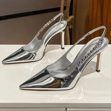 Shiny High Heels Slingback Silver Women Pumps Metallic Crystal Sandals Pointy Toe Stiletto Heeled Shoes Party Dress Shoes Woman PlatiNum