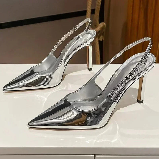 Shiny High Heels Slingback Silver Women Pumps Metallic Crystal Sandals Pointy Toe Stiletto Heeled Shoes Party Dress Shoes Woman PlatiNum