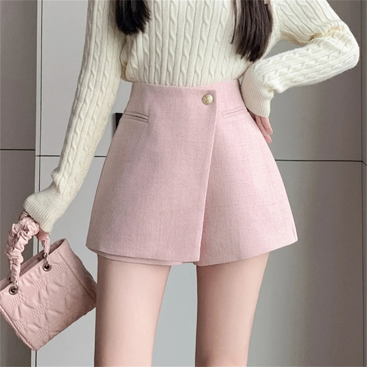 Autumn New Solid Woolen Shorts Skirt For Women 2025 New Fall Winter Small Fragrant Style Buttons Deco High Waisted Tweed Shorts