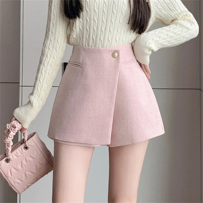 Autumn New Solid Woolen Shorts Skirt For Women 2025 New Fall Winter Small Fragrant Style Buttons Deco High Waisted Tweed Shorts