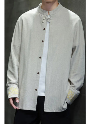 Camicie da Uomo di Alta Qualità con Ricami in Stile Cinese, Colletto Rialzato Retrò, in Lino Comodo e Traspirante, Camicie Casual da Uomo