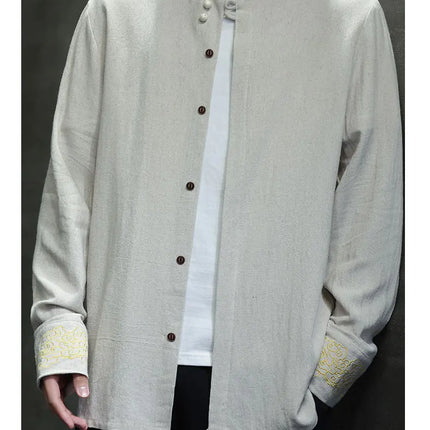 Camicie da Uomo di Alta Qualità con Ricami in Stile Cinese, Colletto Rialzato Retrò, in Lino Comodo e Traspirante, Camicie Casual da Uomo
