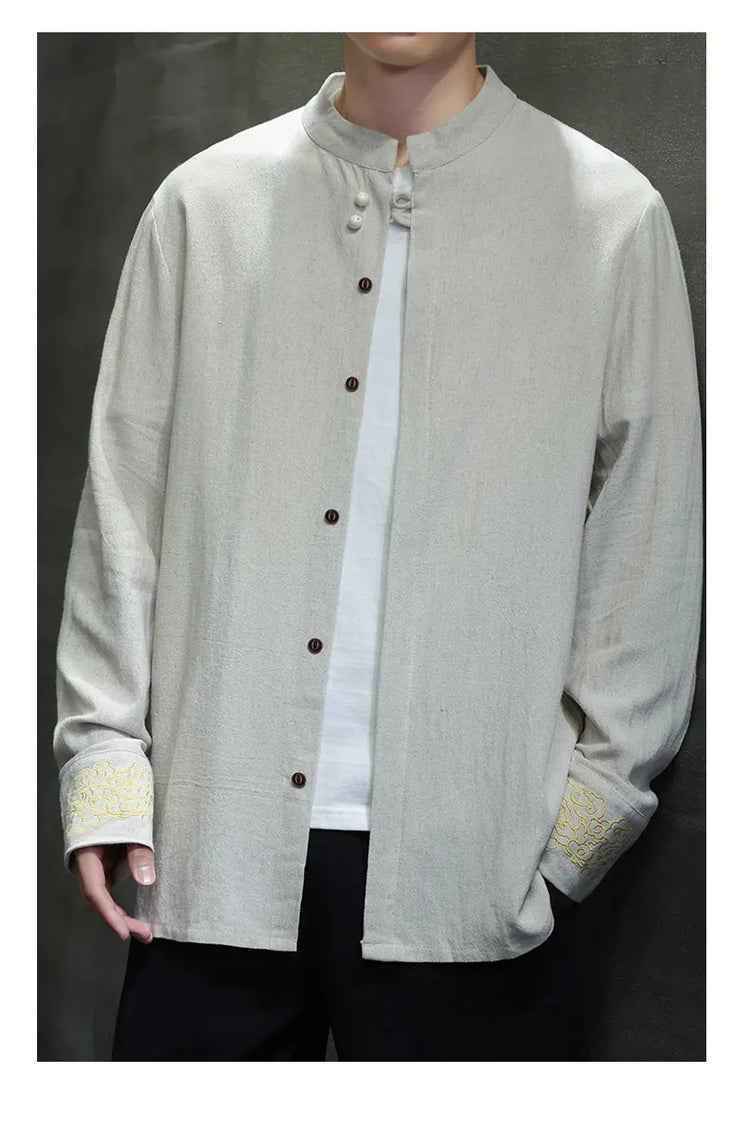 Camicie da Uomo di Alta Qualità con Ricami in Stile Cinese, Colletto Rialzato Retrò, in Lino Comodo e Traspirante, Camicie Casual da Uomo