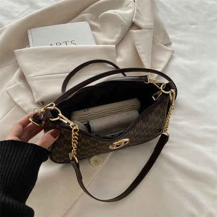 Vintage Style Handbag Crossbody Bag, Gold Letter 'M' Design Pu Leather Shoulder Messenger Bag, Synthetic Leather Tote Bag, Purse PlatiNum
