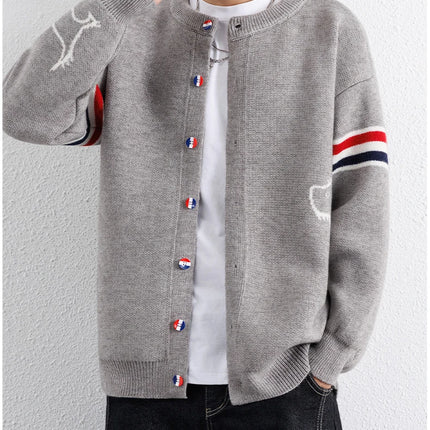 Designer Brand Long Sleeve Knitted Cardigan Men's New Trend Color Blocked Button Design Couple's Casual Warm Round Neck Coat