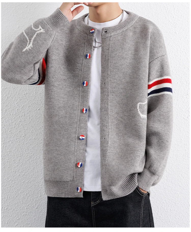 Designer Brand Long Sleeve Knitted Cardigan Men's New Trend Color Blocked Button Design Couple's Casual Warm Round Neck Coat
