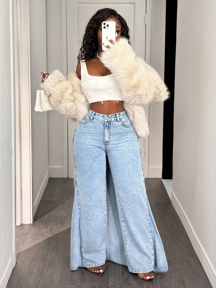 Jeans da Donna a Vita Alta dal Design Casual e Alla Moda