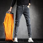 Men's Winter Warm Fleece Lined Jeans Washed Cotton Slightly Stretch Slim Fit Casual Grey Denim Pants Daily Versatile Trousers