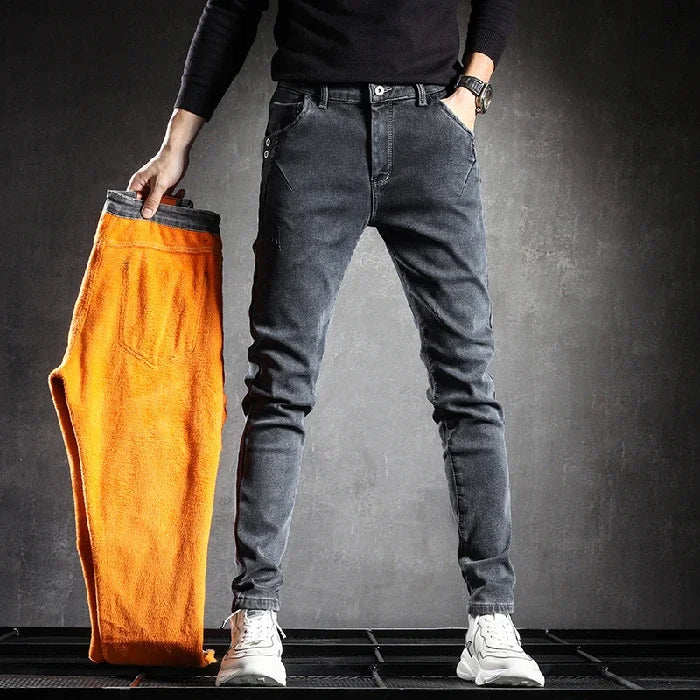 Men's Winter Warm Fleece Lined Jeans Washed Cotton Slightly Stretch Slim Fit Casual Grey Denim Pants Daily Versatile Trousers