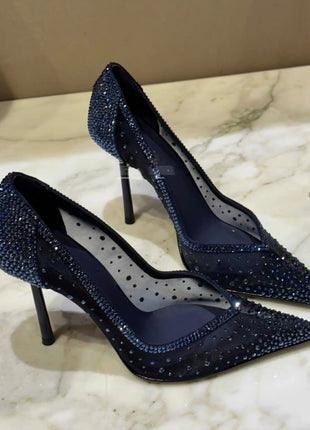 Scarpe col tacco alto a punta tempestate di diamanti in maglia blu con scarpe di cristallo con tacchi fini, nuove scarpe singole in pizzo scavato con tacco sottile platinumshop
