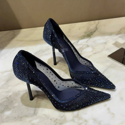 Scarpe col tacco alto a punta tempestate di diamanti in maglia blu con scarpe di cristallo con tacchi fini, nuove scarpe singole in pizzo scavato con tacco sottile platinumshop