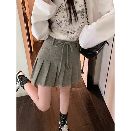 MEXZT Streetwear Woolen Mini Skirt Women Harajuku Bow Lace Up Black Pleated Skirts Autumn Winter Fashion Korean Preppy Faldas PlatiNum