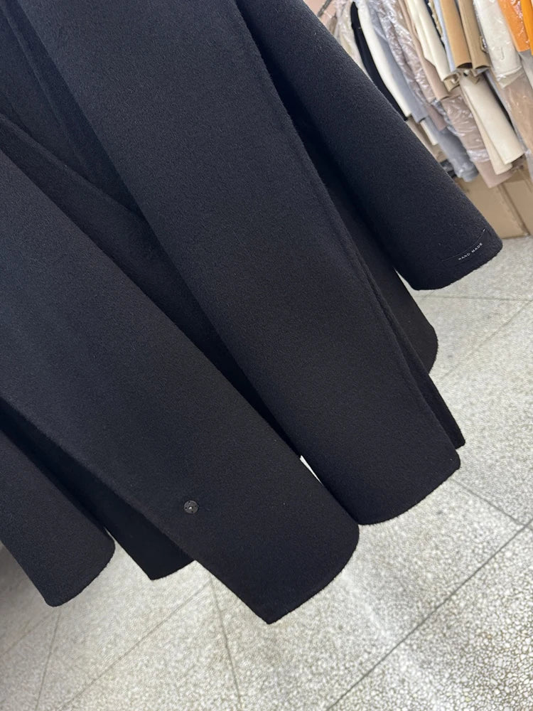 Scarf Collar 100%Wool Coat Women, Korean Fashion Elegant Outerwear, Loose Autumn Winter Jacket