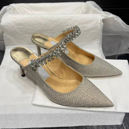 European and American Women Slippers 2025 Summer New Rhinestone High Heels Pointed Temperament Muller Shoes