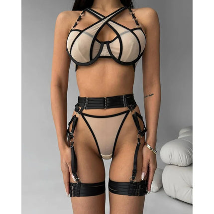 Sexy Neon Green Patchwork Lace Garter Lingerie Set Women Intimates Underwire Bra and Thongs Ladies Underwear Erotic Sets