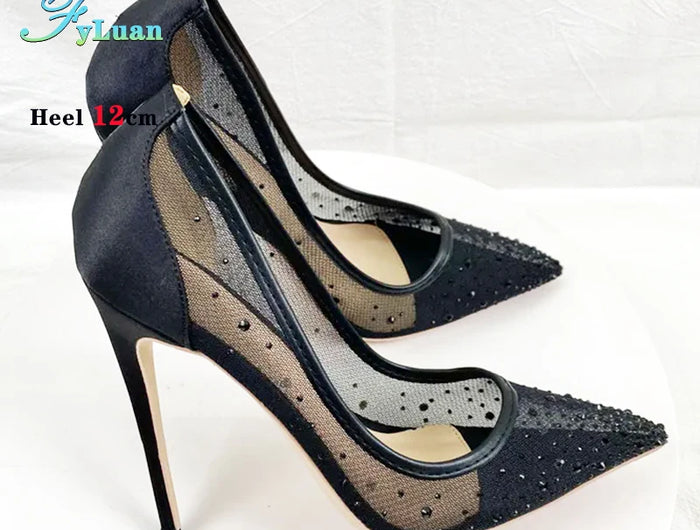 Scarpe con strass in rete traspirante Donna 8CM 10CM 12CM Décolleté a spillo Moda Punta a punta Serata estiva Tacchi alti Nero